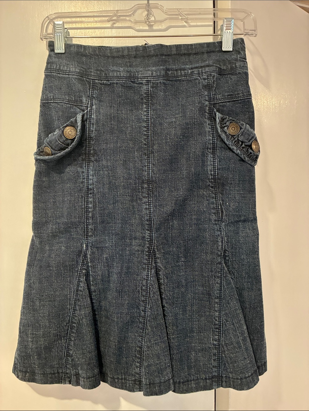 Washed Look Blue Denim Flared Skirt with Button Pocket Detail Junee Jr.